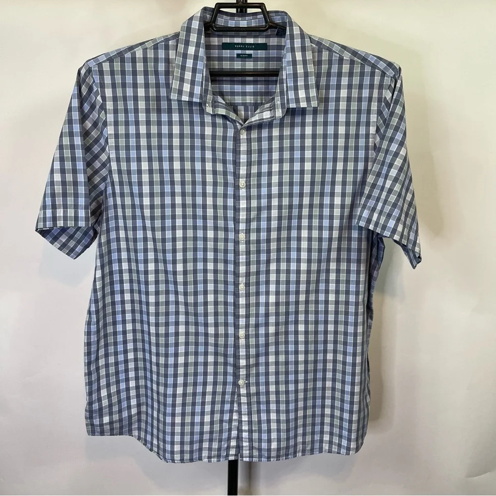 Perry Ellis Slim Fit Blue Green Short Sleeve Shirt Size XXL Men’s